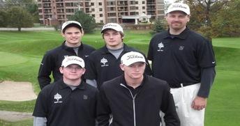 Four members of the Trent Excalibur golf team stand alongside their coach. 